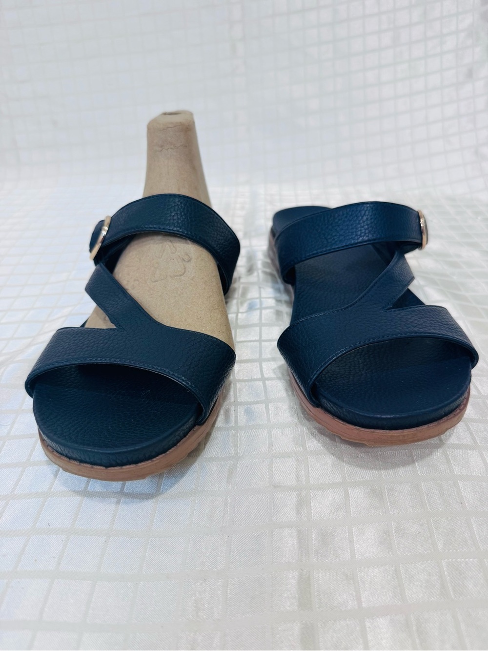 Women’s Navy Cross-Strap Slide Sandals with Buckle Accent